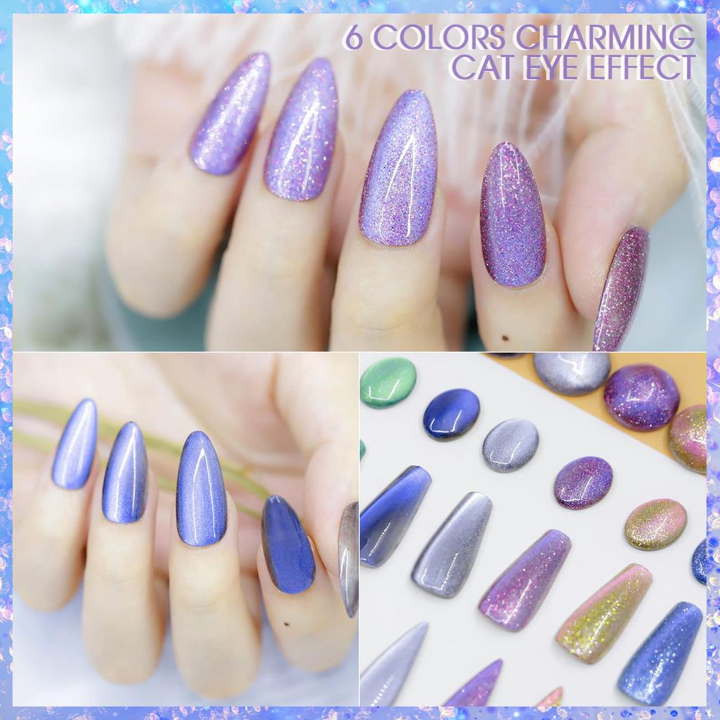 Biutee Eye Gel Color Gel Magnetic Gel Gel Nail Set 6 8ml with Fine Magnetic Gel Cat's Light-Changing (2 Types, Colors, Total) UV/LED Compatible,