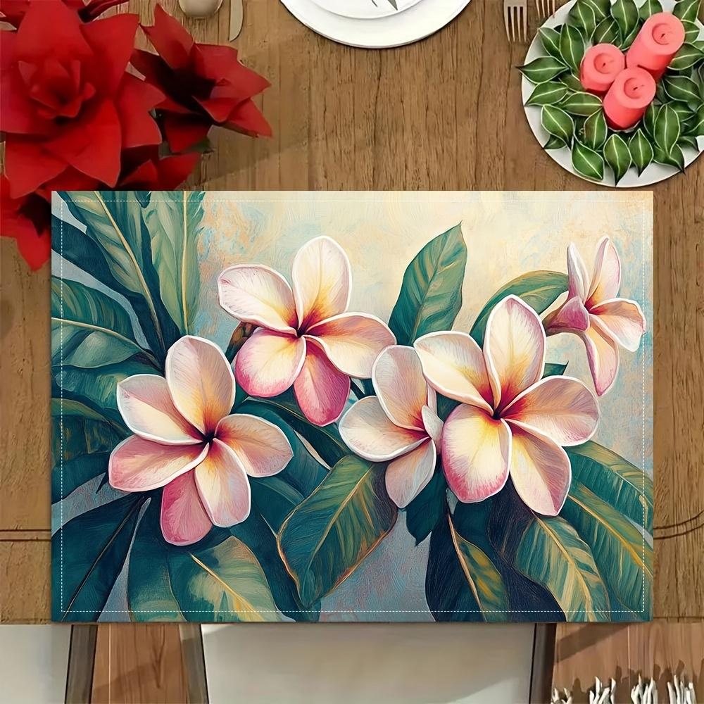 1pcs Tropical Plumeria Linen Placemats,Hawaiian Paradise Design for Dining, Kitchen, Parties, Home Decor