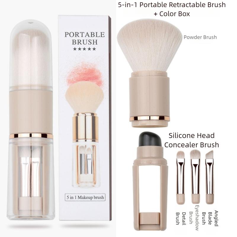 5-in-1 Portable Travel Lip Brush Eyeshadow Foundation Blending Powder Brush Mini Facial Cosmetic Travel Makeup Brushes Set