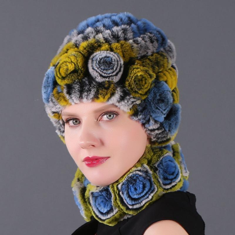 New High-quality Rex Rabbit Fur Accessories Autumn and Winter Women's Versatile Warm Hat Scarf Two-piece Set