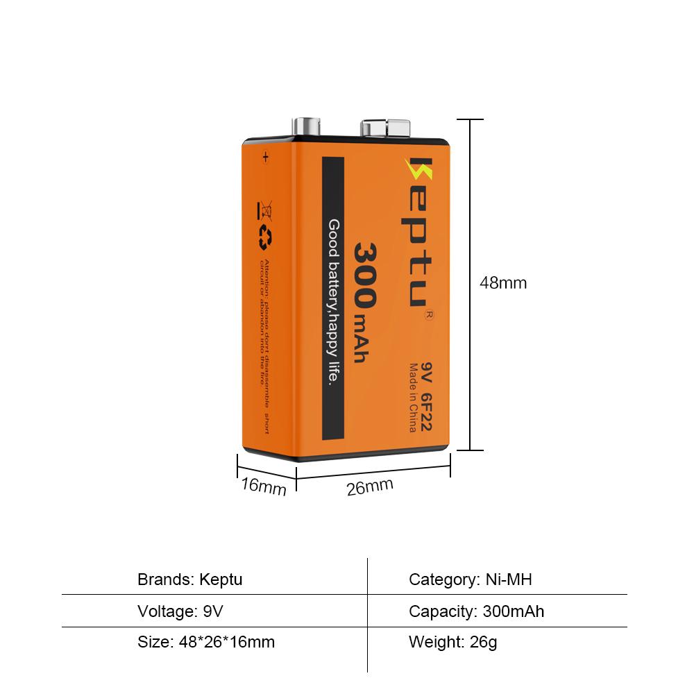 KEPTU 9V 300mAh Long-lasting Rechargeable Batteries for Wireless Microphones, Guitars, and Smoke Alarms