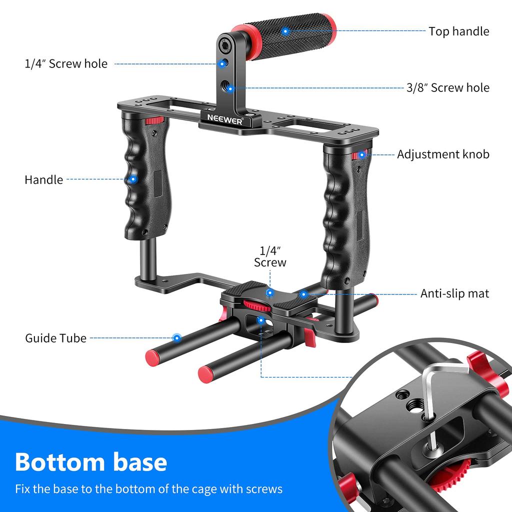 NEEWER Camera Video Cage Filmmaking Kit, Aluminum Alloy, with Top Handle/Dual Hand Grips/2 X 15mm Rods, Compatible with Fujifilm and Other DSLR Camera