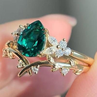 Delicate Women Rings Gold Color Waterdrop Flower Leaf Green White Stone Rings Set Party Accessories Gift