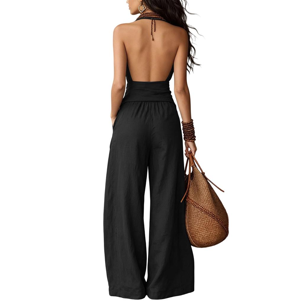 Sleeveless Wide Leg Jumpsuit for Women Casual Loose Fit Double Pocket Summer Romper with Tie Front and V Neck