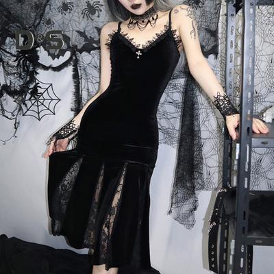 Robe d'Halloween Cosplay pour femme, col en V, dentelle, col en V, bretelles spaghetti, ourlet en queue de poisson, style sombre, gothique, médiéval, vintage, sans manches, spectacle sur scène
