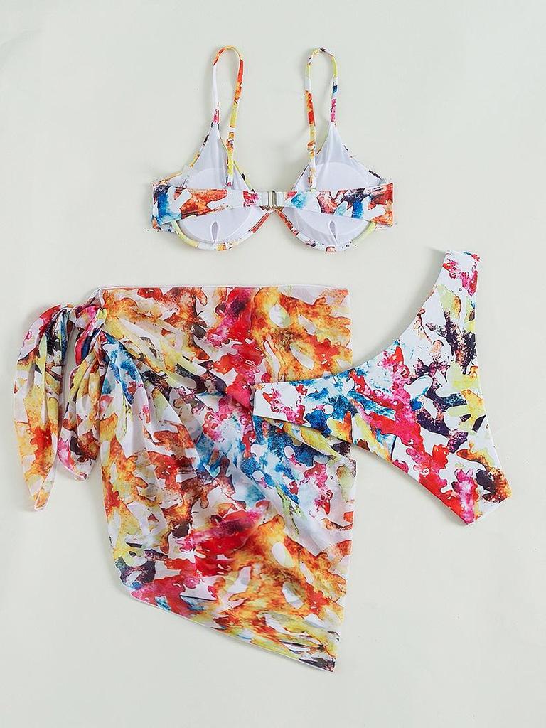 2025 European & American Three-Piece Print Bikini Set with Underwire & Half Skirt