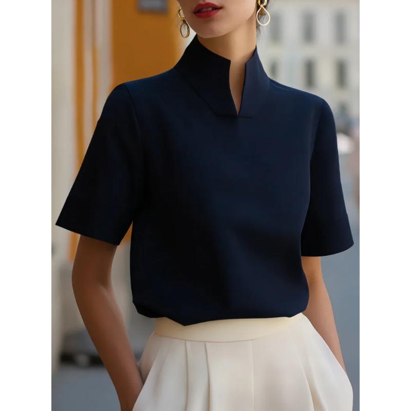 Stehkragen Kurzarm Bluse Elegante Bürokleidung Lässige Arbeitskleidung Oberteile für Damen