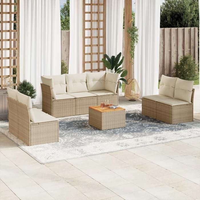 VidaXL Salon de Jardin avec Coussins 8 pcs, Canapés de Terrasse, Ensemble de Meubles de Patio, Mobilier d'Extérieur, Beige 3255897