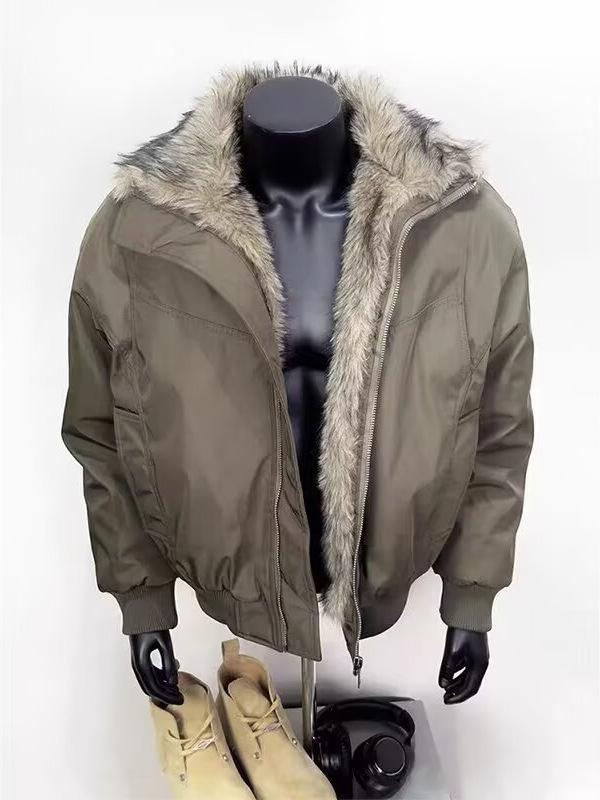 Men's High-End American Retro Cotton Jacket with Fur Collar for Winter Warmth