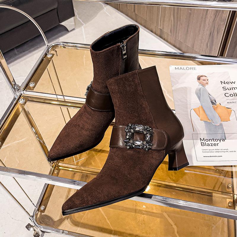 Pointed high-heeled short boots 2024 autumn and winter new side zipper thick heel thin boots French rhinestone buckle medium women's boots