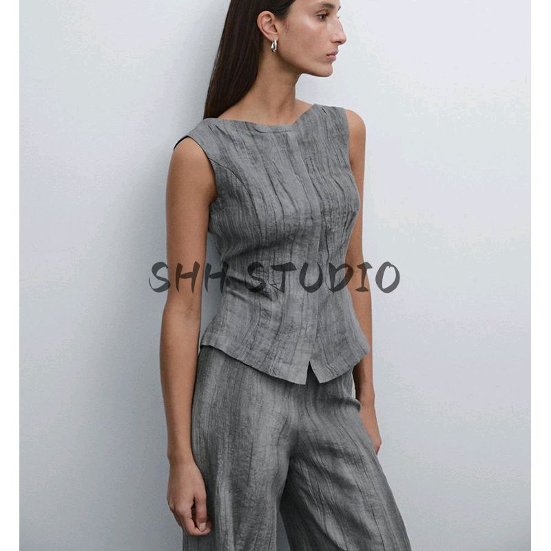 MD Spring/Summer French Style Young Ol Style Linen Blend Suit Vest 6024657 Wide Leg Pants 5021659