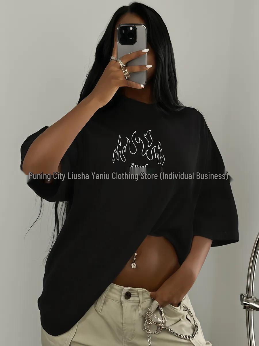 

European American Style Short Sleeve Cotton T-Shirt with Trendy Hip Hop Print for Women Medium чёрный