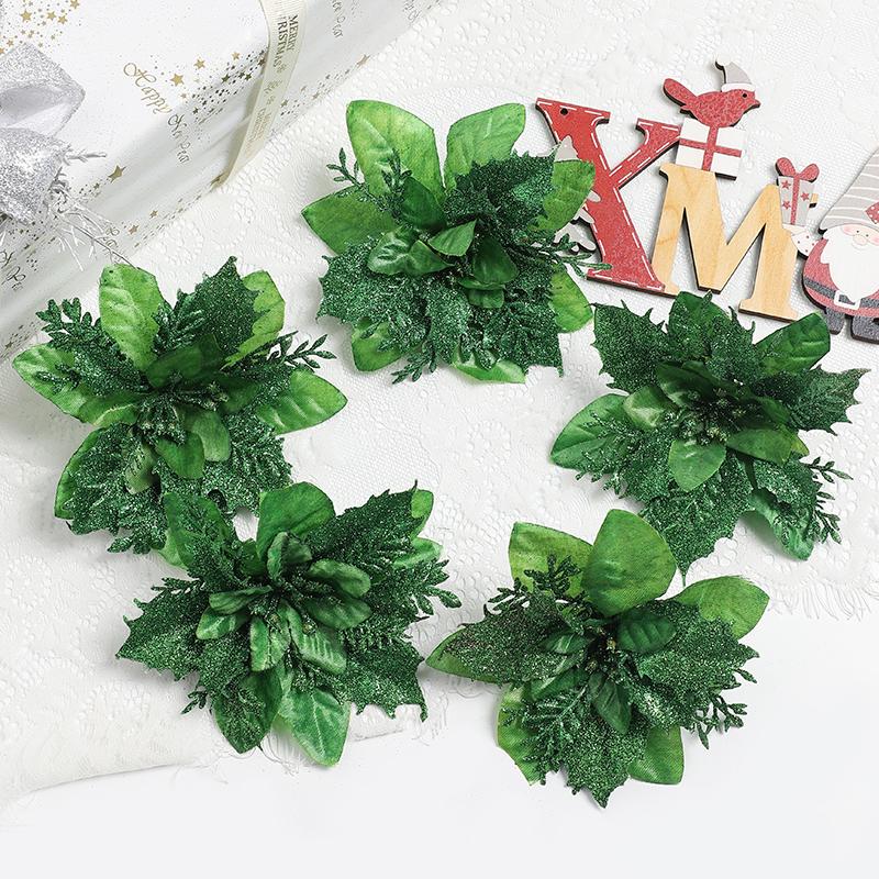 1bag 5pcs Christmas Decorations Glitter Polyester  Artificial Christmas Flowers for Christmas Tree Ornament Party Wreath Decor