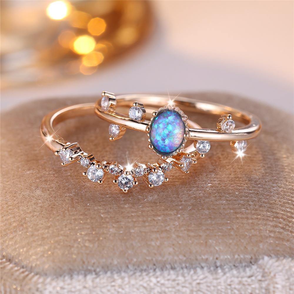 Crystal Female White Zircon Blue Opal Stone Ring Set Fashion Vintage Gold Color Bridal Wedding Engagement  For Women