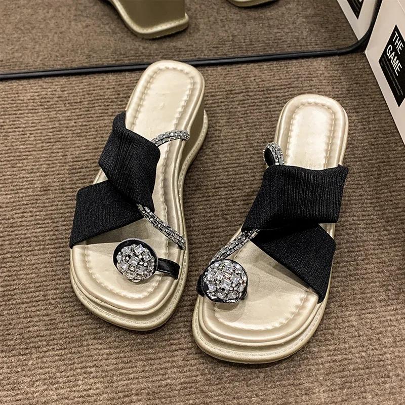 Women's Thick-soled Slippers Toe Clip Wedge Heel Rhinestones Flip Flops Daily Beautiful Fairy Wind Commute Zapatillas De Mujer