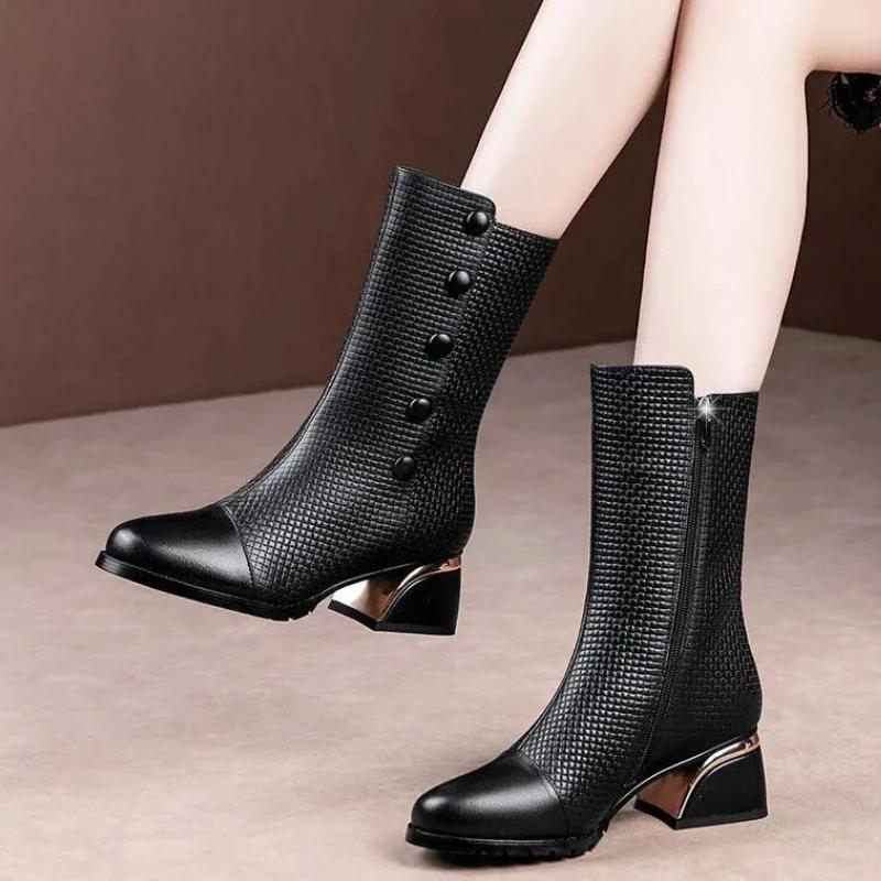 Fashion Brown Leather Middle Heel Half High Boots for Women 2025 New Mid Calf Shoes Woman Sale Cosplay Offer Trend Footwear on Promotion