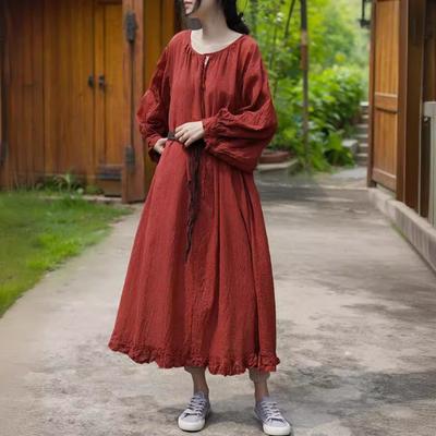 Damska sukienka w stylu vintage w kolorze czerwonym z okrągłym dekoltem i siedmioma rękawami, wiosenne szaty, wiosenne, luźne, damskie, w stylu chińskim, w kształcie litery A, bawełniana sukienka