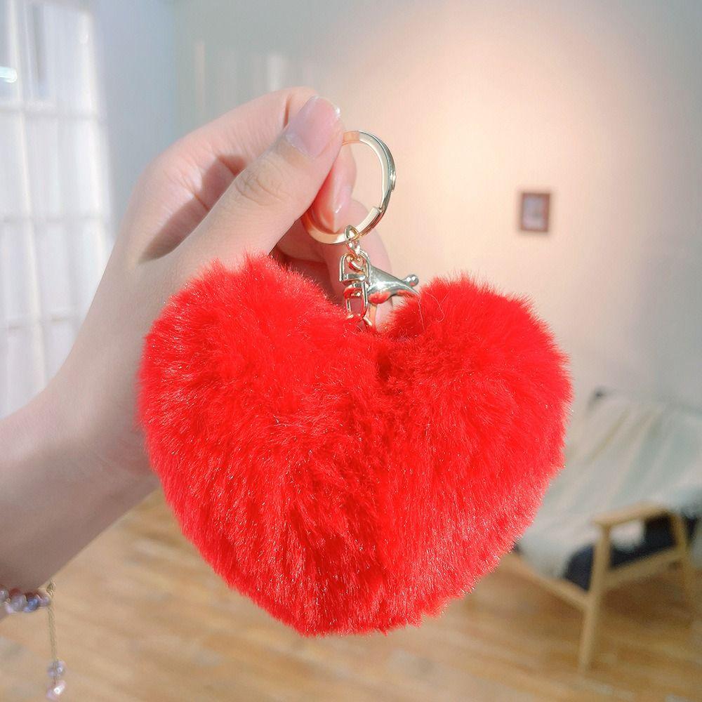 Love Heart Plush Bag Pendant Fluffy Ball Car Key Ring Imitation Rabbit Fur Solid Color Key Chain Bag Accessories