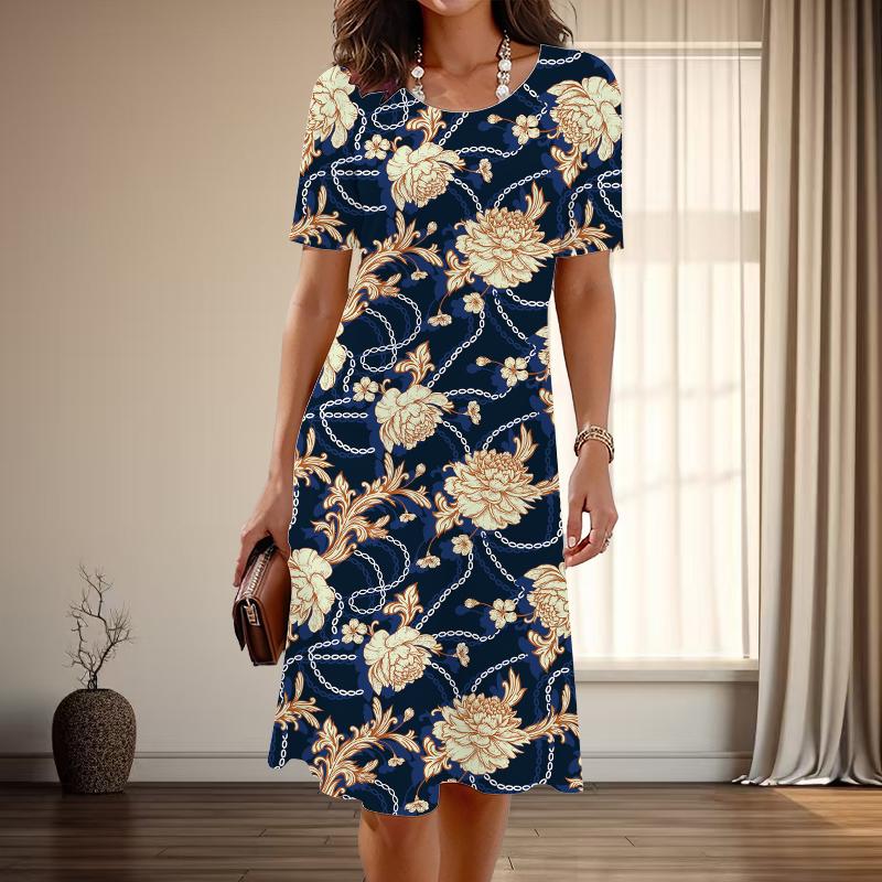 Moda Feminina Graciosa Estampa de Onça Estampado Verão Primavera Manga Curta Decote O Vestidos Casuais