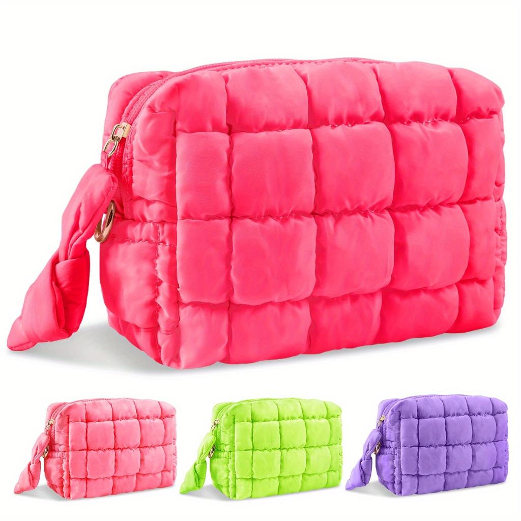 Quilted Makeup Bag Cosmetic Bags Puffy Travel Toiletry Pouch For Women Cute Checkered Zipper Bag Travel Essential Portable Aesthetic Organizer