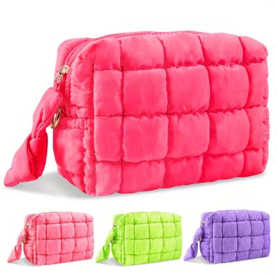 Bolsa de Maquiagem Acolchoada Bolsas de Cosméticos Necessaire Fofa Acolchoada para Viagem para Mulheres Bolsa com Zíper Xadrez Essencial de Viagem Organizador Estético Portátil