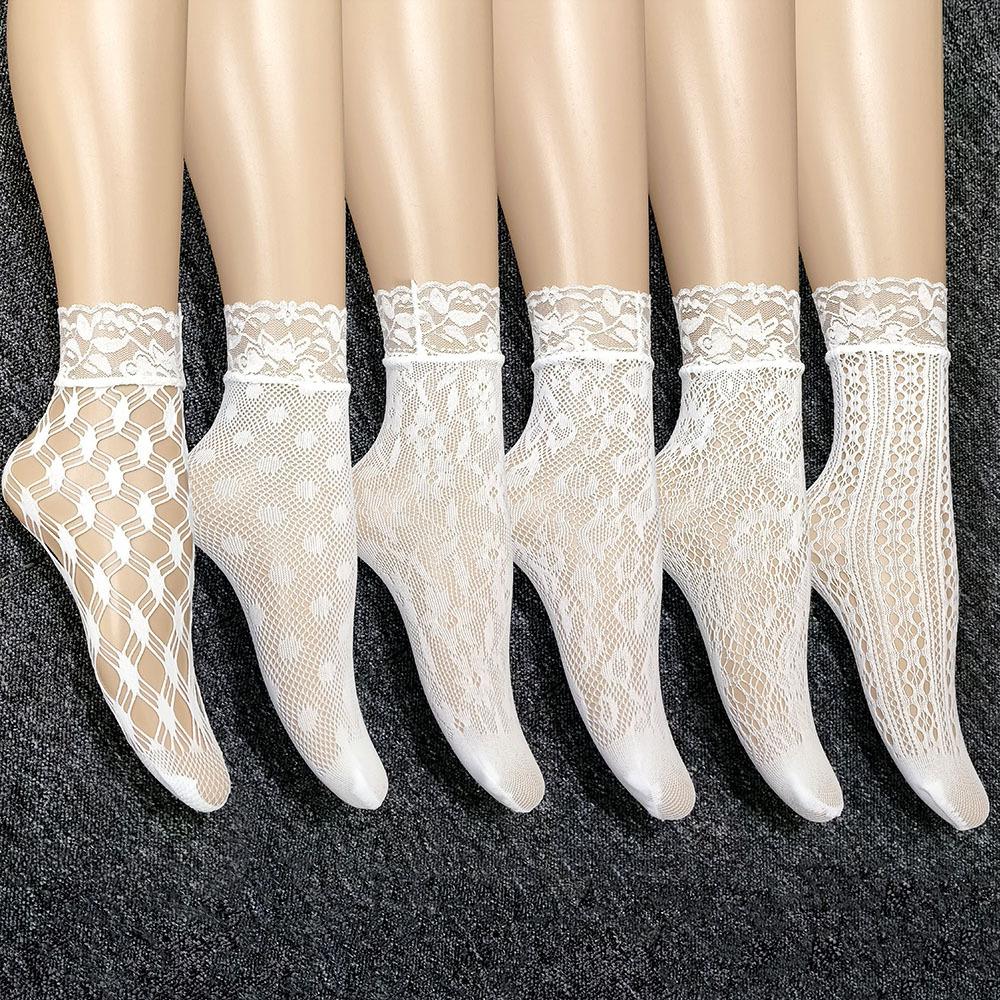 6-Pair /Set Summer Black White Sexy Lace Socks Thin Hollow Jacquard Fishing Net Short Stockings