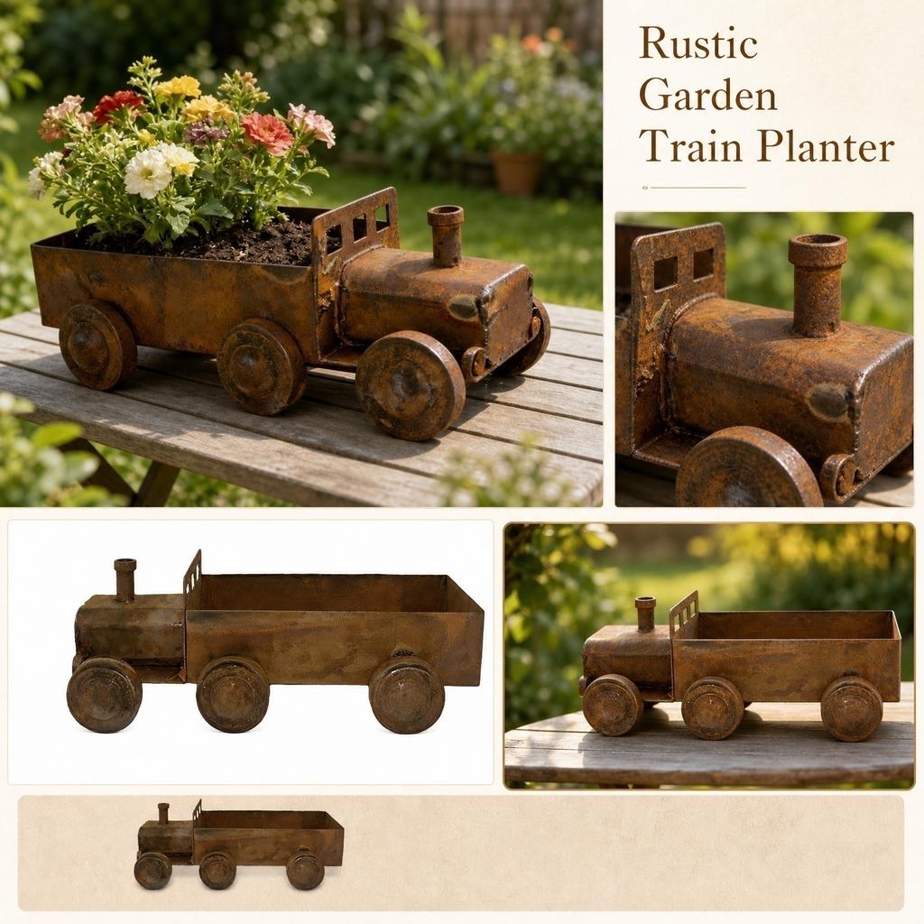 Rustikaler Dampflokomotivförmiger Metall-Pflanztopf Outdoor-Garten Dekorative Eisenkunst-Skulptur Blumentopf-Behälter für Hof Terrasse