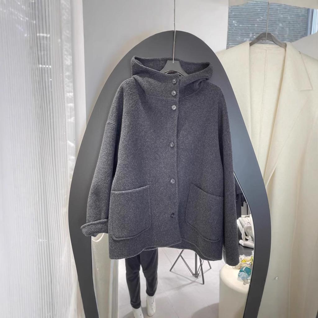 Hooded Double-sided Nylon Wool Coat Coat Women's Woolen Simple and Versatile Casual Commuter Loose Version Medium and Long