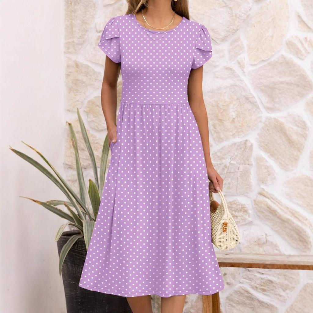 Damen Rundhals Kurzarm Midi Kleid Lockerer Schnitt Mittlere Taille Elegant Gepunktetes Sommerkleid