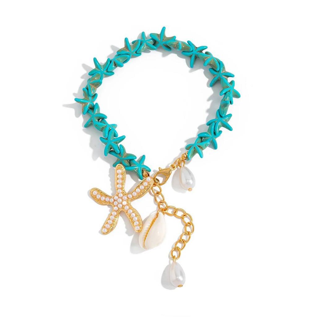 Salircon Y2K Boho Imitation Pearl Metal Starfish Pendant Anklets Foot Chain for Women Summer Beach Barefoot Chain Jewelry Gifts