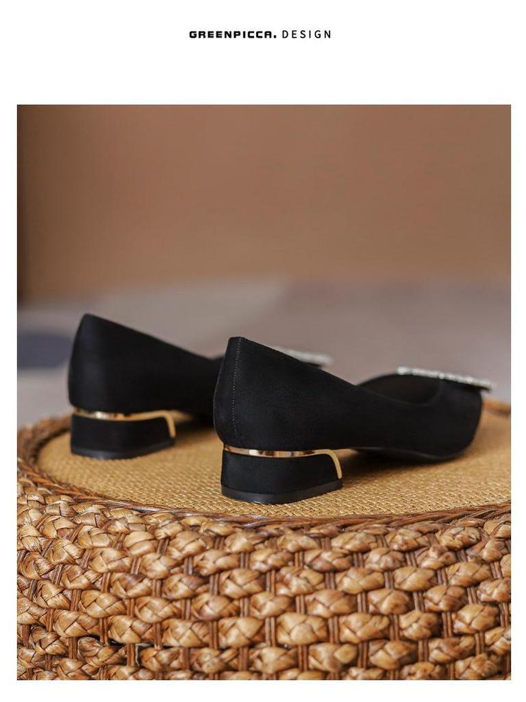 2024 Black Rhinestone Women's Work Shoes - Single, Medium-High Thick Heels, Soft Sole