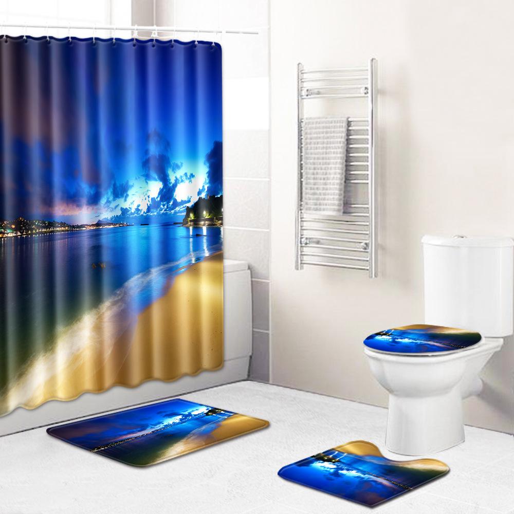 Landscape Shower Curtain Floor Mat Combination Four-Piece Set Bathroom Toilet Carpet Shower Room Mat Foot Mat