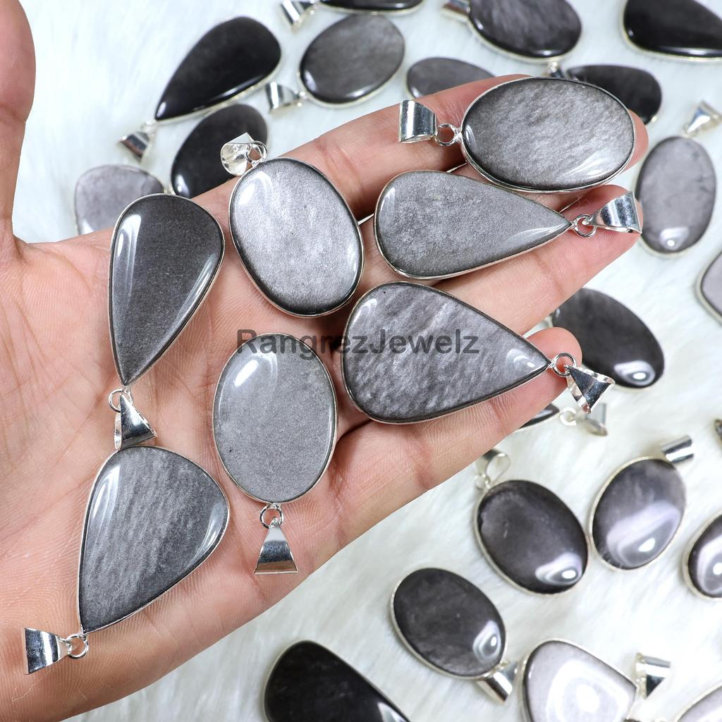 Natural Silver Sheen Obsidian Pendant Bulk Wholesale Bezel Pendant Necklace Making For Silver Jewelry Supply 925 Sterling Silver Pendant