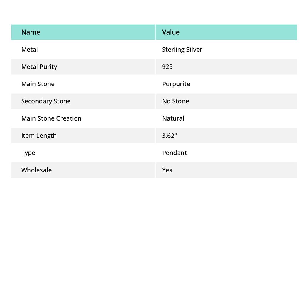 Natural Purpurite Gemstone Handmade 925 Sterling Silver Pendant 3.62" e1T09