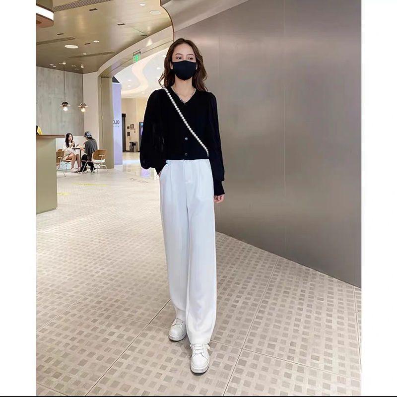 Autumn and Winter Temperament Fashion Suit for Women Petite Design Puff Sleeve Chiffon Shirt Casual High Waist Wide Leg Pants Two Piece Set