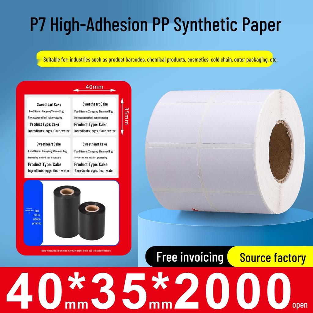 Papel sintético autoadhesivo impermeable para impresoras de códigos de barras, Tamaños: 60x40mm, 30x20mm, 80x70mm, 50x100mm, Adhesivo PP