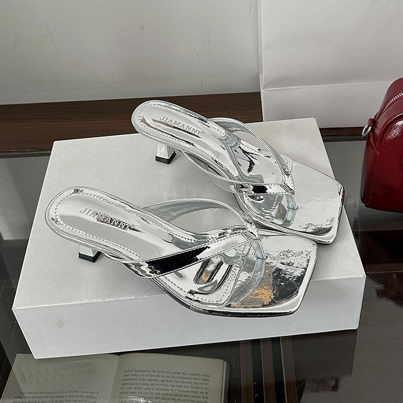 Fashion Luxury Fashion Square Toe Ladies Heeled Slippers Female Slides Sandals Shallow Women Low Heel Slippers Shoes Flip Flops