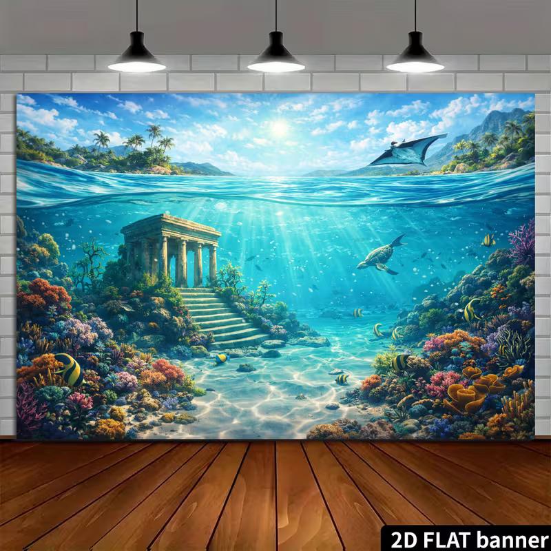 2D Sunlit Underwater Temple Backdrop Tropical Ocean Coral Reef Party Background