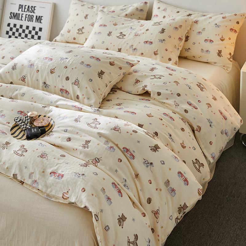 Ensemble de quatre pièces en pur coton à double fil de qualité maternelle et infantile de catégorie A, ensemble de quatre pièces en coton de style crème, drap de lit et housse de couette