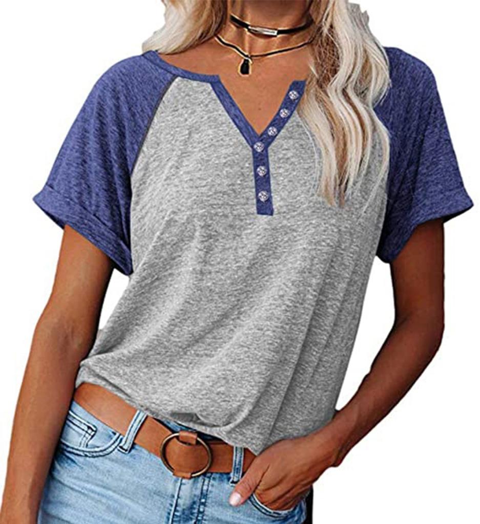 Fashion Womens Solid Color Splicing Round Neck Casual Short Sleeves Tops