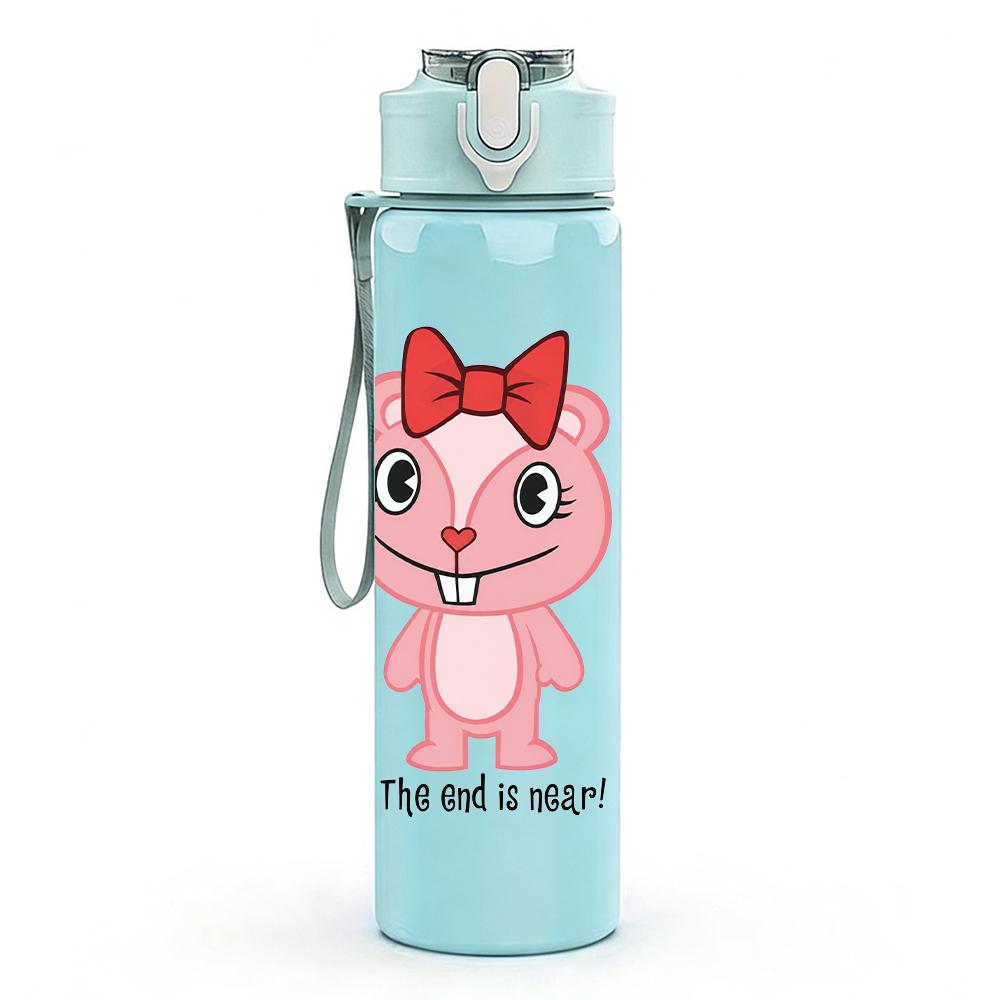 1PC Pink Pig Cartoon Figure Print 750ml Colorful Plastic Sports Water Bottle Leakproof Pop Lid with Straw for Outdoor Office Home Use