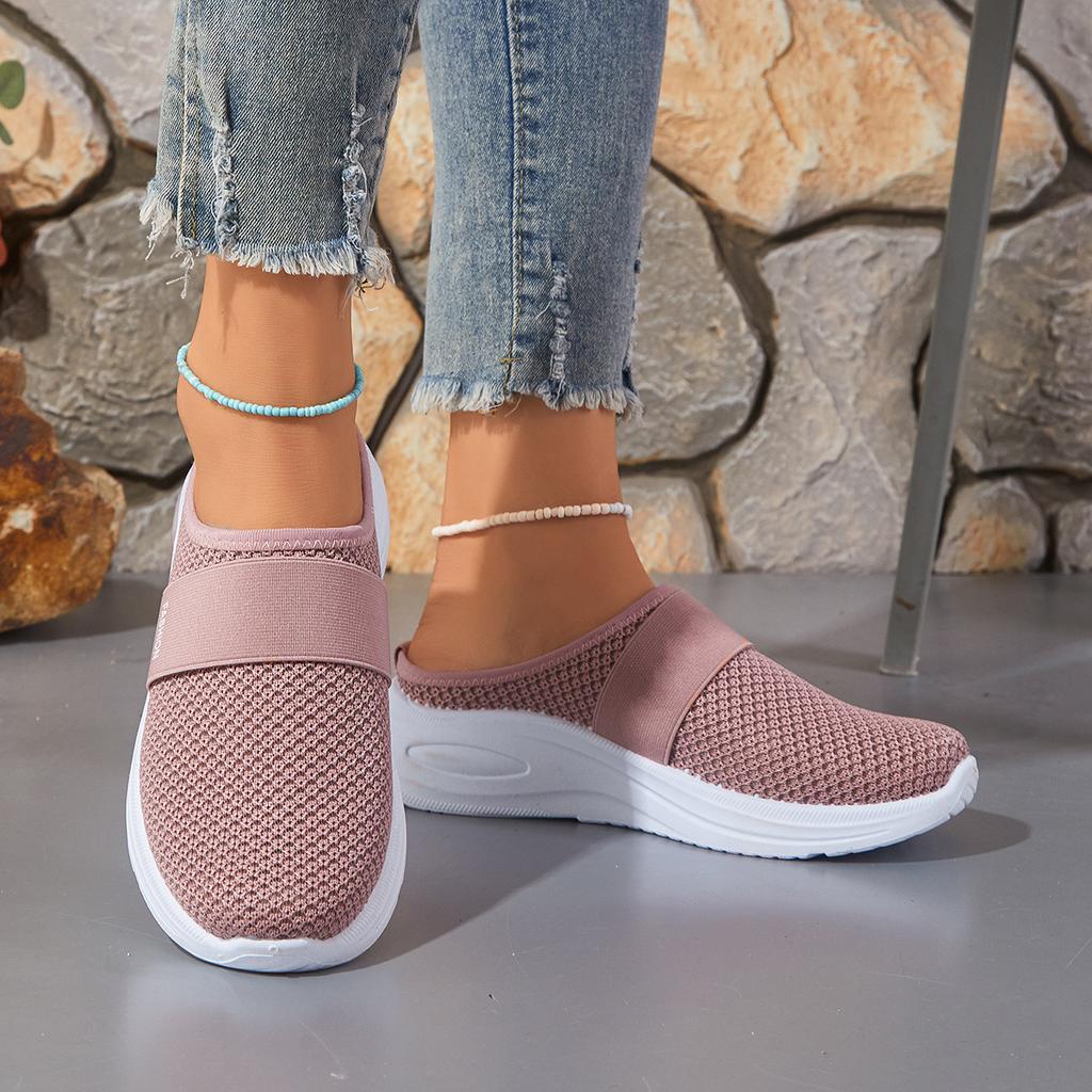 Women's Mesh Flying Woven Half Slip On Shoes, Breathable Flat Heel Mule Sneakers, Comfortable Casual One Step Ladies Daily Footwear