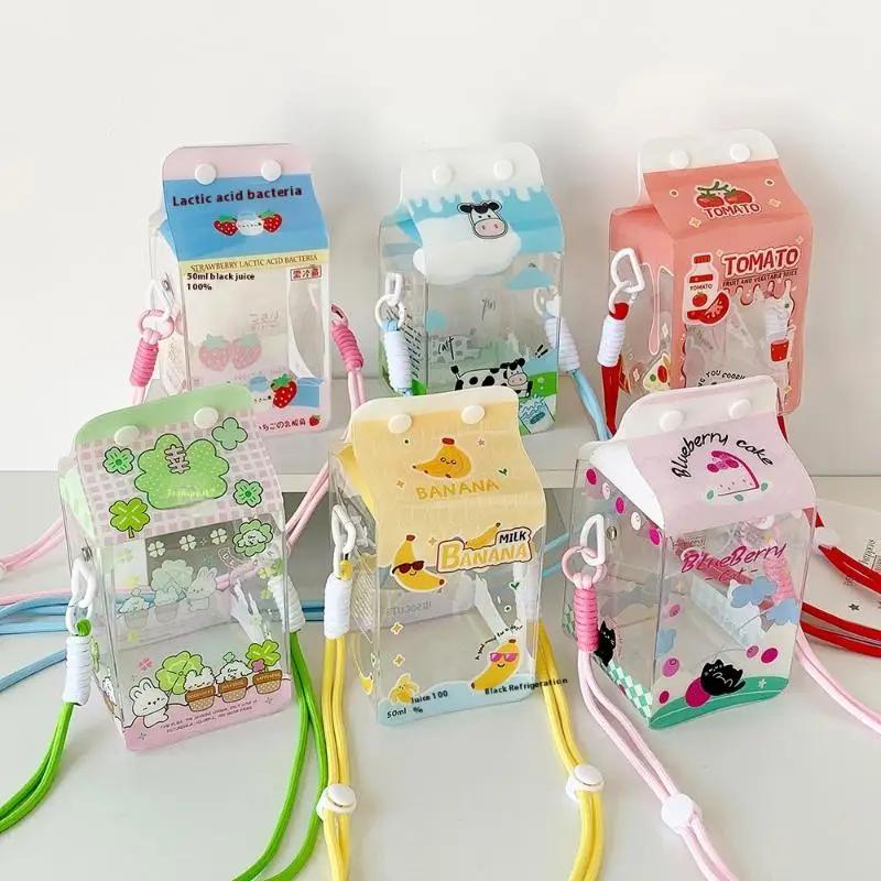 Transparent Milk Carton Toy Storage Bag - Cute Badge Display Case | Mini Doll Box with Lanyard, Fashion Outing Decor
