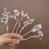 New Chinese Style Blue Crystal Butterfly Feather Hair Sticks for Women Handmade Hairpins Jewelry Accessories Hair Ornaments