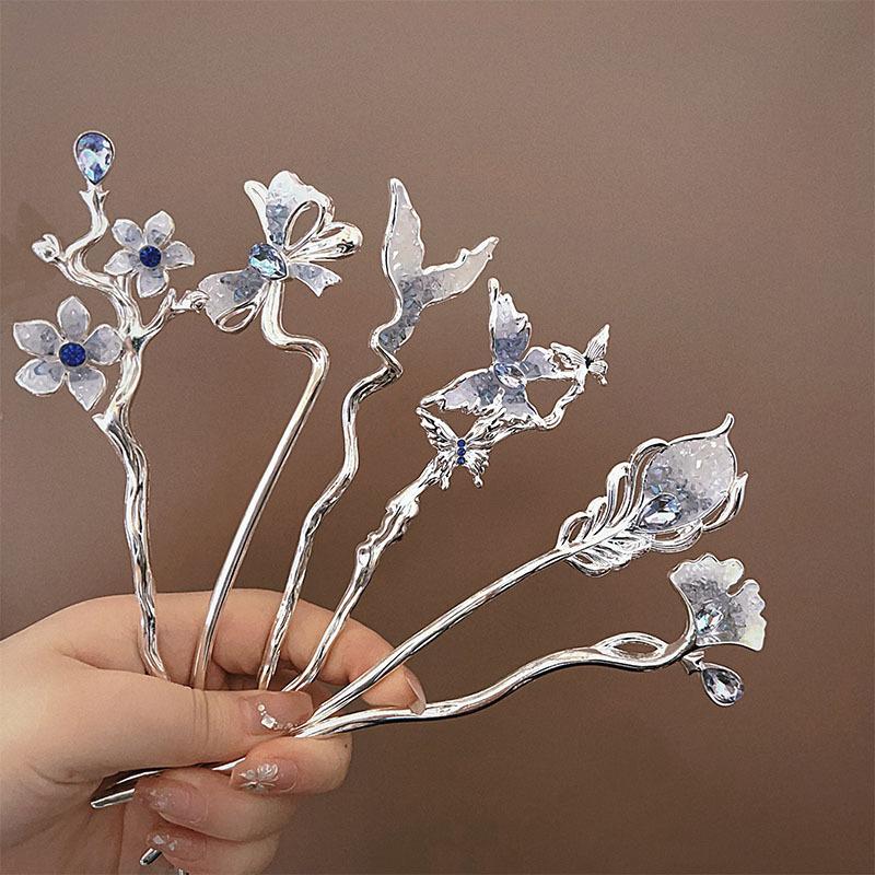 New Chinese Style Blue Crystal Butterfly Feather Hair Sticks for Women Handmade Hairpins Jewelry Accessories Hair Ornaments