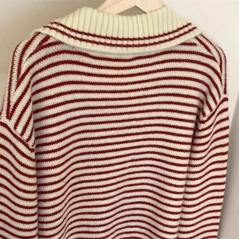 Women's Striped Polo's Neck Zipper Oversized Sweatshirt Long Sleeve Loose Casual Pullovers Autumn Korean College Style Sweater