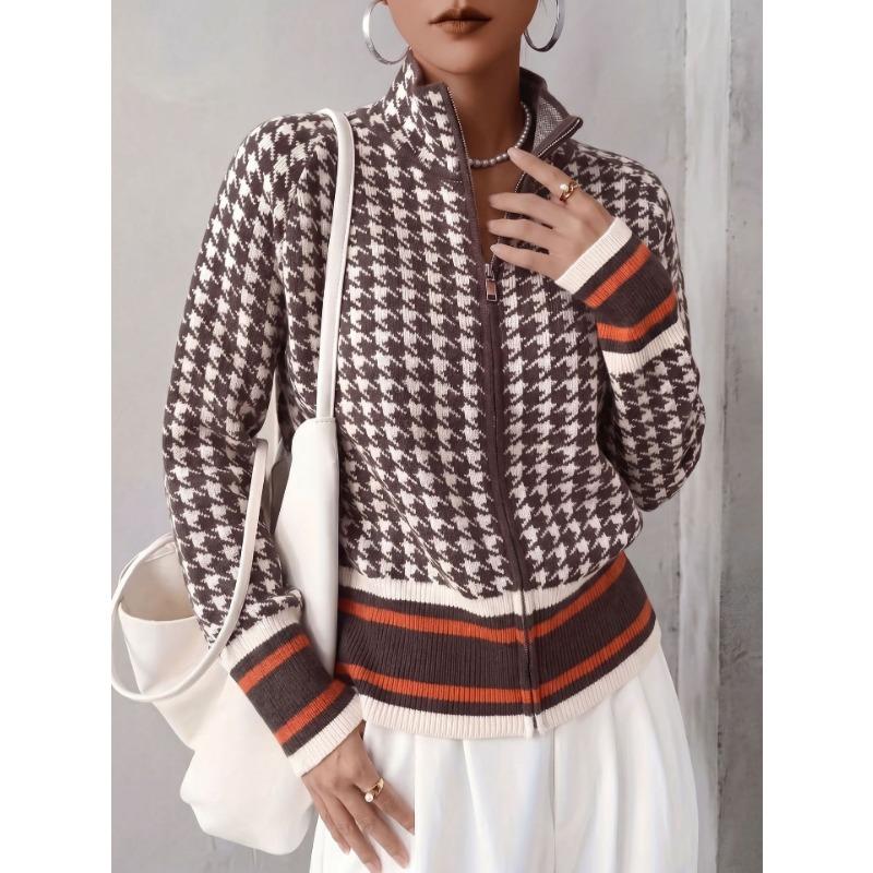 Womens Houndstooth Hooded Zip Up Thick Loose Knit Cardigan Sweater Outerwear