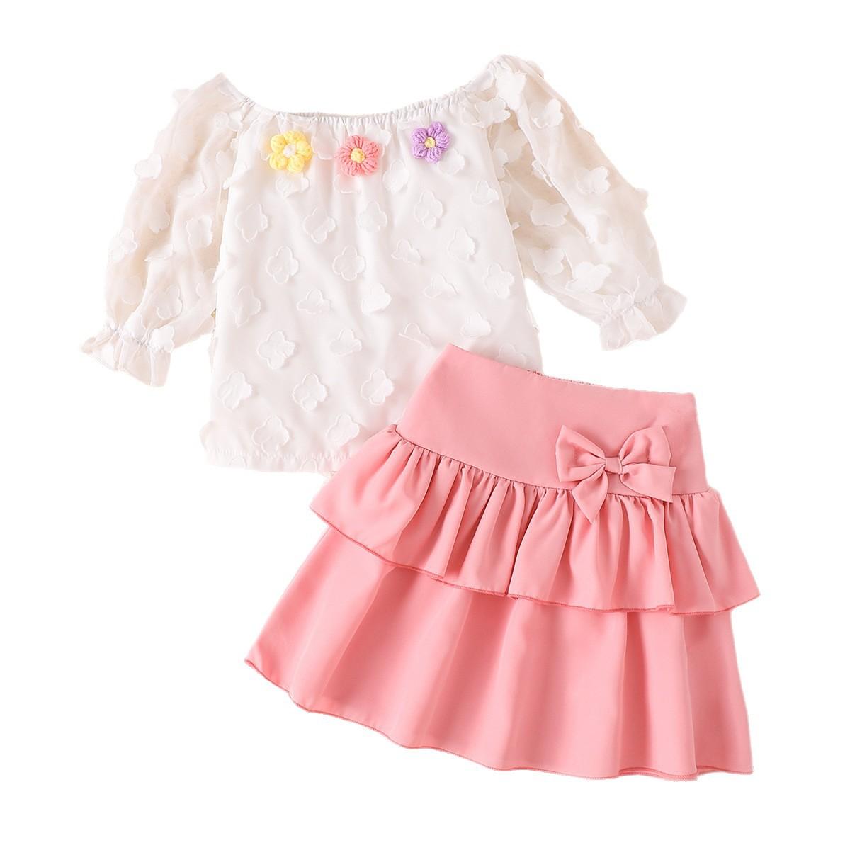 

Girls Fashionable Outfit - Autumn Children s White Chiffon Top And Cake-style Half-length Skirt Set 3-4Y