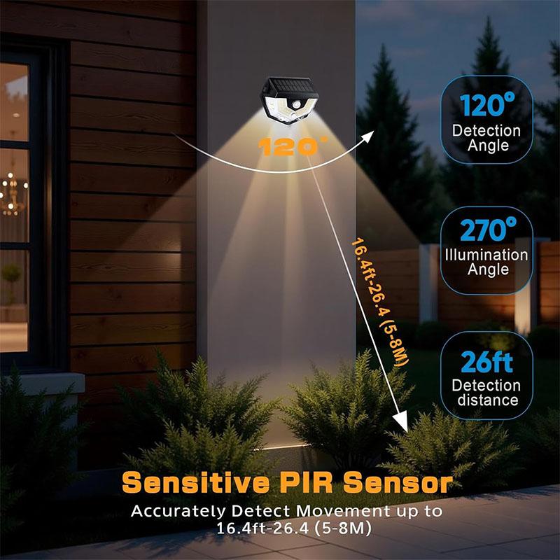 Solar Wall Lamp Motion Sensor Fence Light 270° Wide Angle IP65 Waterproof 3 Modes for Pathway Garage Deck Garden Yard