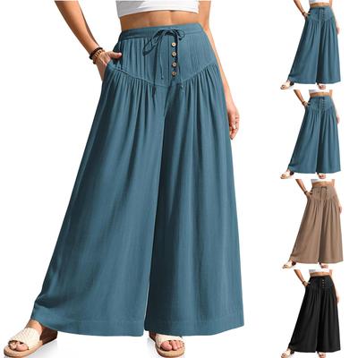 Pantalones Largos Casuales de Pierna Ancha con Cintura Alta Elástica para Mujer con Bolsillos